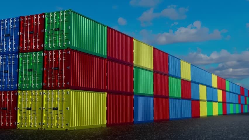 A row of colorful shipping container boxes stacked on top of each other.