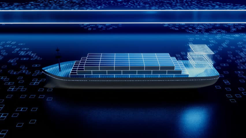 A cargo ship with shipping containers is shown in a blue and white color scheme.