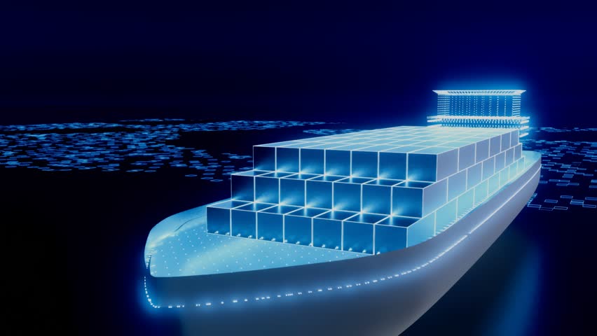 A cargo ship with shipping containers is shown in a blue and white color scheme.