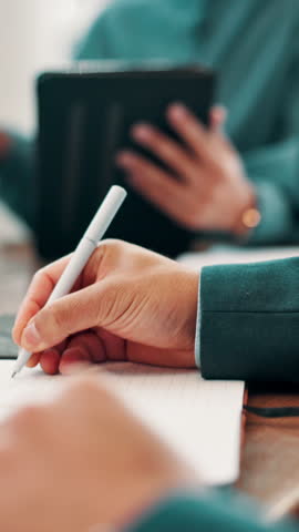 Hands, writing and person with notebook, meeting and secretary with notes, information and boardroom. Corporate, receptionist and record keeping of agenda, planning and list of minutes in business
