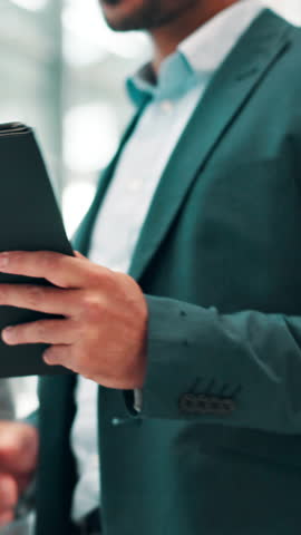 Business, hands and walking with tablet for discussion of loan application, risk assessment and insurance evaluation. Underwriter, people and digital report for policy negotiation or funding decision