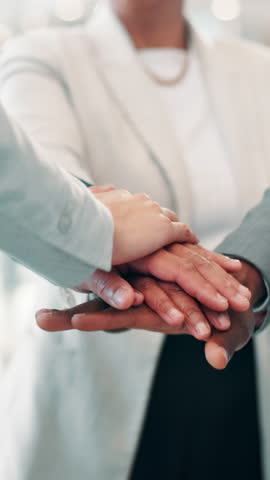 Business people, hands and stack in office for synergy, company collaboration and teamwork circle. Corporate group, huddle and gesture in workplace for partnership, support and campaign involvement