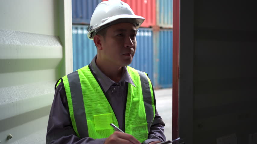 Shipyard or custom officers are inspecting the international import and export container cargo in the container yard. An officers or workers checking the import - export containers.