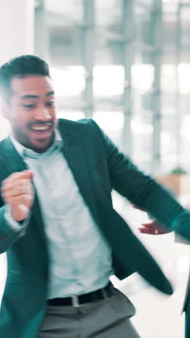 Business, success and man in office with dance, funny and team building for financial goals. Happy, humor and finance consultant in celebration for winning deal, achievement or employee engagement
