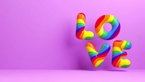 Pride looping video featuring the word "LOVE" in rainbow colors on a purple background with copy space to celebrate LGBTQIA+ Pride Month and love diversity in 3D animation - Powered by Shutterstock - Get 15% off with code: PIKWIZARD15