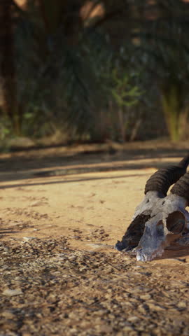 Dead Gazelle Skull Resting on Sand in Palm Tree-Filled Desert