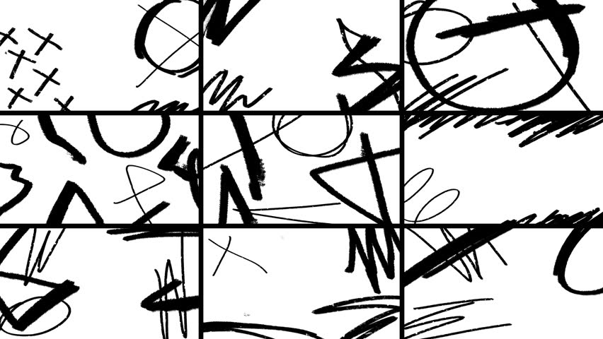 Pack of 9 monochromatic frantic animations of black grunge pencil and brush doodle lines and textures on white background. Low frame rate effect. Seamless loop.