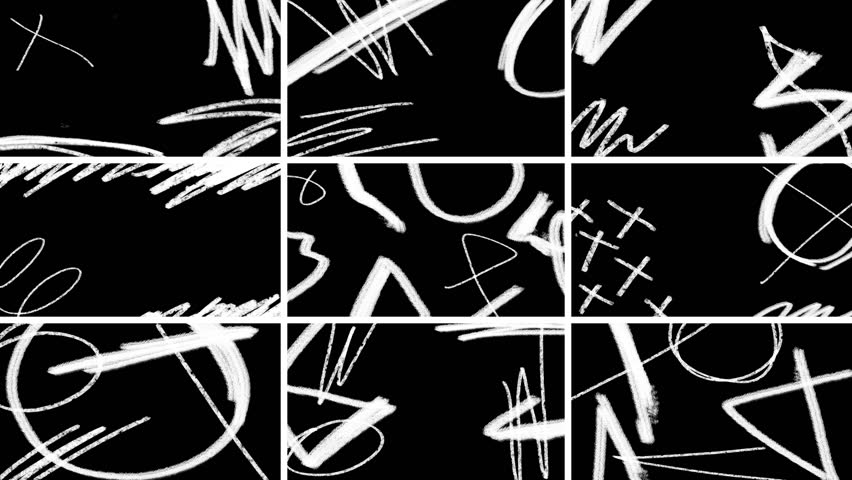 Pack of 9 monochromatic animations of white grunge pencil and brush doodle lines and textures on black background. Low frame rate effect. Seamless loop.