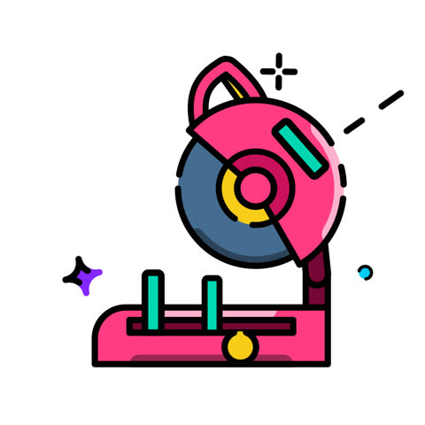 Cut off machine icon animation featuring cutting blade, sparks, and metal pieces. Ideal for industrial, fabrication, and construction visuals.
