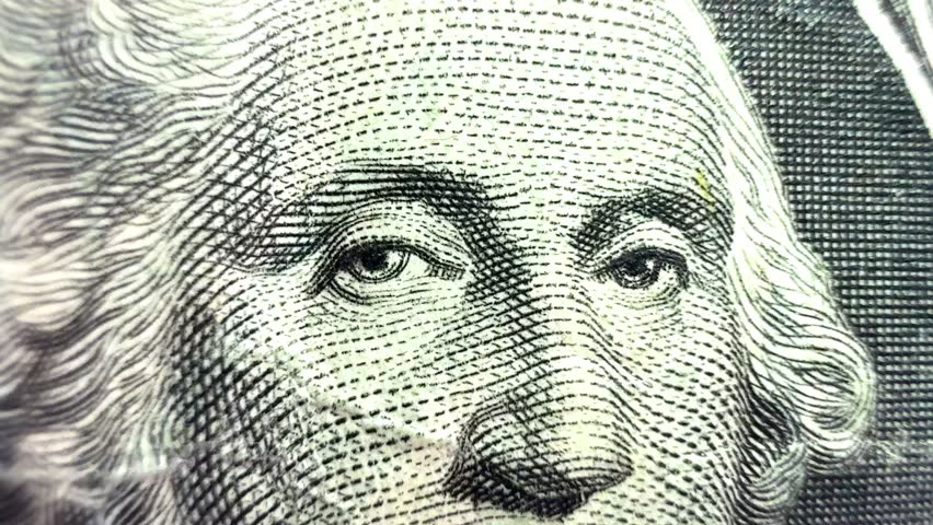 Cash money background. George Washington portrait on 1 US dollar bill close up macro