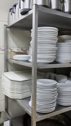 Kitchen storage room filled with neatly stacked plates and kitchenware, suitable for restaurants or institutional kitchens.