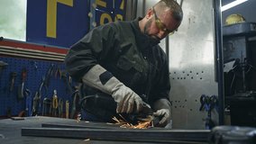 Skilled manual worker wearing protective equipment grinding steel in a welding workshop, handheld shot. Metalwork industry career concept. - Powered by Shutterstock - Get 15% off with code: PIKWIZARD15
