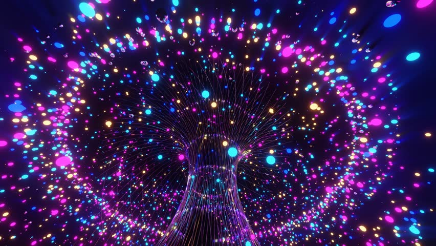 An abstract dynamic background with creative colorful neon lights structure spinning on black backdrop