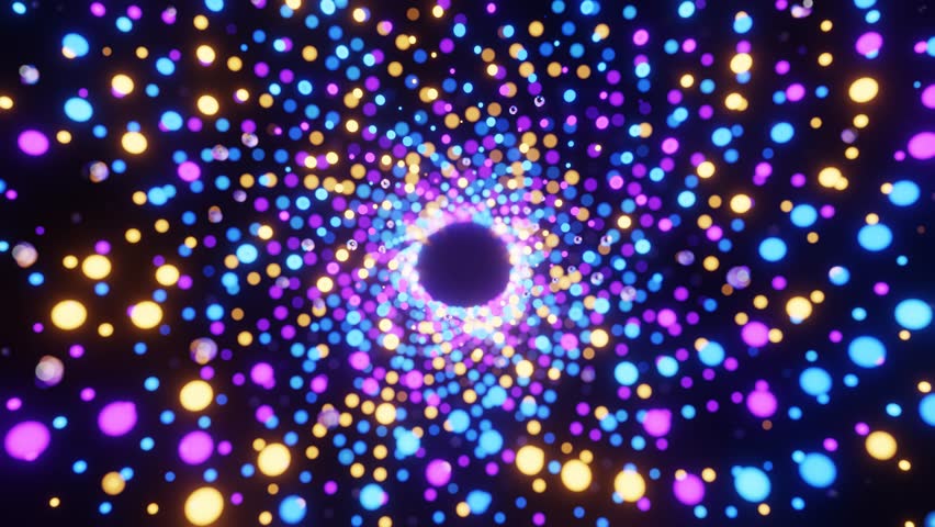 An abstract dynamic background with colorful neon swirly bokeh pattern in motion on dark backdrop