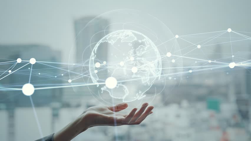 Global network concept with woman holding hands against city background