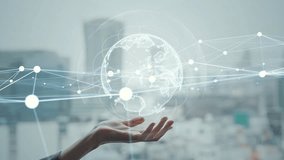 Global network concept with woman holding hands against city background - Powered by Shutterstock - Get 15% off with code: PIKWIZARD15