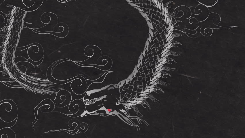Loop animation of a dragon in ink painting style, blackish Japanese paper background