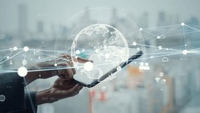 Global network concept with woman using tablet with city background - Powered by Shutterstock - Get 15% off with code: PIKWIZARD15