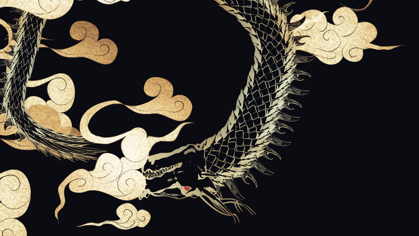 Loop animation of a dragon in ink painting style, gold