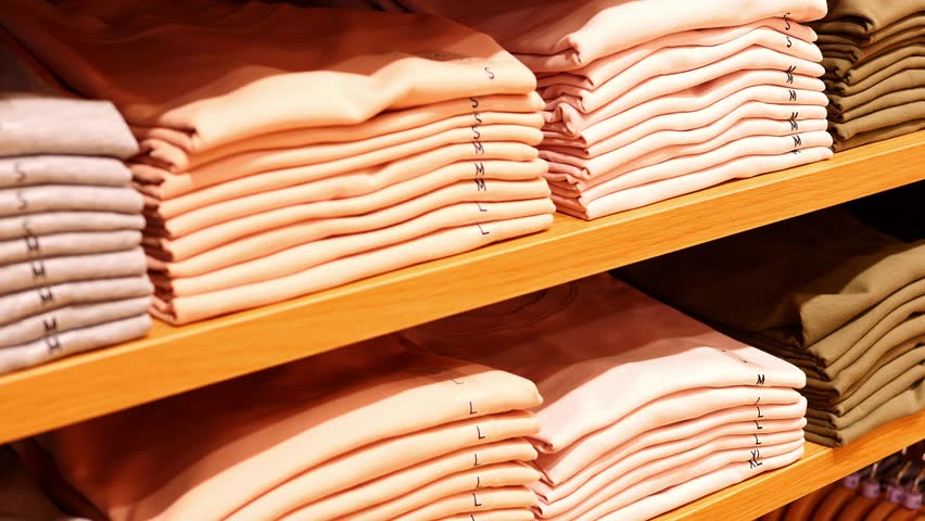 Clothing store with neatly folded apparel highlights inventory management Shelf organization ensures efficient storage Shelf layout boosts access and visibility Shelf keeps fashion items in order