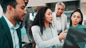 Business people, presentation and laptop with meeting for planning, online project or website review. Collaboration, corporate office and men with women on computer for proposal, ideas and discussion - Powered by Shutterstock - Get 15% off with code: PIKWIZARD15