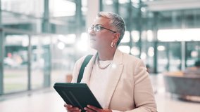 Mature, tablet and business woman walk in office for investment banking, finance solution and reading email. Idea, digital technology and manager with vision for profit, economy news and planning - Powered by Shutterstock - Get 15% off with code: PIKWIZARD15