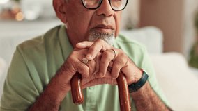Elderly man, thinking and cane with depression, nursing home and mental health with retirement and anxiety. Senior person, walking stick or pensioner with regret, memory or sad with nostalgia or loss - Powered by Shutterstock - Get 15% off with code: PIKWIZARD15