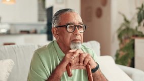 Senior man, thinking and cane with depression, nursing home and mental health with retirement and anxiety. Elderly person, walking stick or pensioner with regret, memory or sad with nostalgia or loss - Powered by Shutterstock - Get 15% off with code: PIKWIZARD15