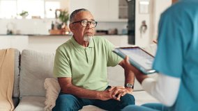 Senior man, nurse and tablet at house for consultation, healthcare checkup and medical report. Elderly person, caregiver and talking with digital for advisory, diagnosis results and explain treatment - Powered by Shutterstock - Get 15% off with code: PIKWIZARD15