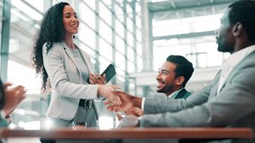 Business, woman and applause for meeting in office for good news, pitch success and celebration. Smile, people and staff clapping for congratulations, team achievement and promotion for proposal deal - Powered by Shutterstock - Get 15% off with code: PIKWIZARD15