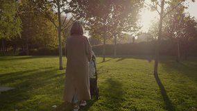 Nurturing young mother walking with baby stroller along park pathway, enjoying peaceful golden sunset amid autumn trees and soft warm sunlight - Powered by Shutterstock - Get 15% off with code: PIKWIZARD15