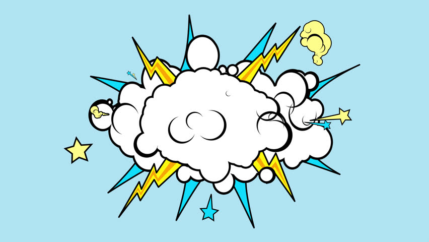 Cartoon explosion with blank cloud, lightning bolts, stars and smoke puffs over a blue background - Powered by Shutterstock - Get 15% off with code: PIKWIZARD15