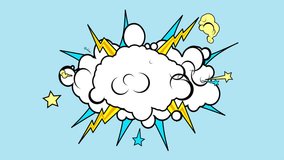 Cartoon explosion with blank cloud, lightning bolts, stars and smoke puffs over a blue background - Powered by Shutterstock - Get 15% off with code: PIKWIZARD15