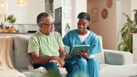 Healthcare, senior man and nurse with tablet, discussion and woman with info for health assessment. Advice, elderly patient and caregiver with medical report, people and digital app for homecare - Powered by Shutterstock - Get 15% off with code: PIKWIZARD15