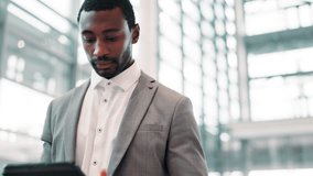 Tablet, business man and walking in office for investment banking, finance and budget online. African worker, digital technology and reading email for profit update, economy growth and stock price - Powered by Shutterstock - Get 15% off with code: PIKWIZARD15