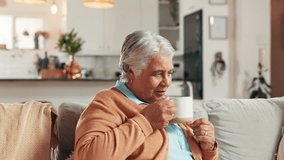 Nostalgia, relax and senior woman with coffee, home and thinking of happy memories, lounge or break. Calm, reflection and elderly person with tea in living room, retirement or smile with hot beverage - Powered by Shutterstock - Get 15% off with code: PIKWIZARD15