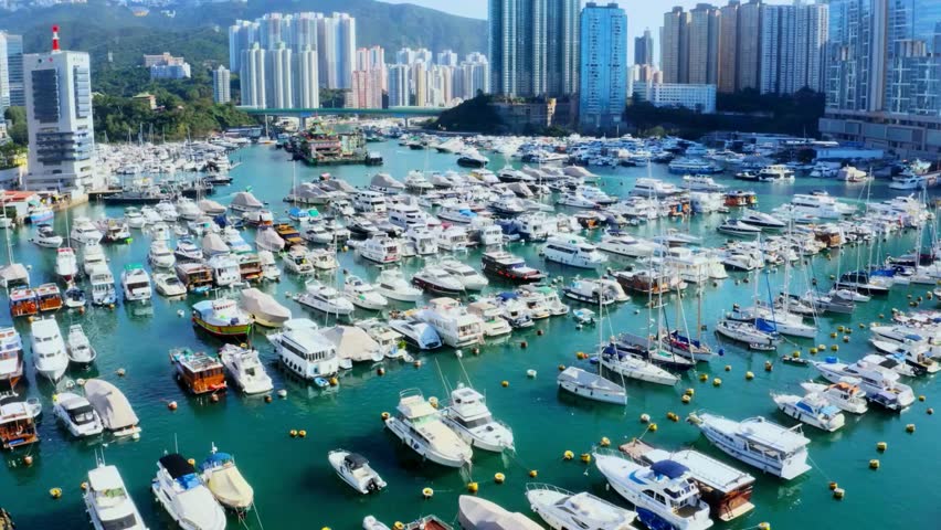 Aerial View of Numerous Yachts Docked in Hong Kong Harbor