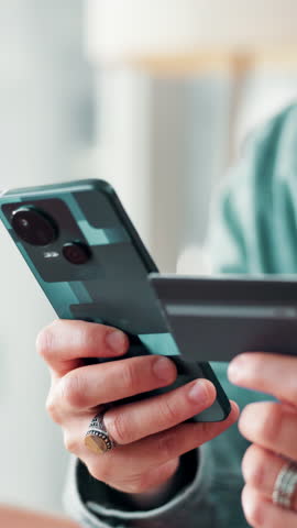 Credit card, hands and phone with business person in office for banking or online shopping. App, payment and transaction with employee scrolling or typing on mobile for money, purchase or transfer