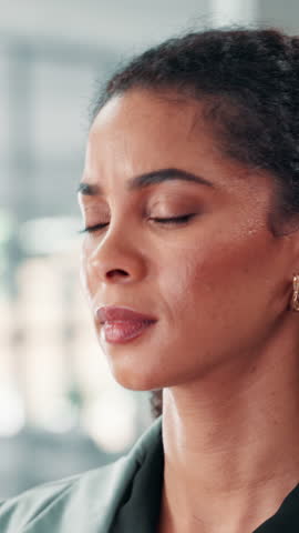 Tired, business and woman with headache in office for work pressure, burnout and accounting mistake. Female person, eye strain and fatigue with migraine of deadline stress, brain fog and finance risk