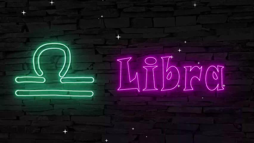 Libra, zodiac sign and text in pink and turquois colors illuminated 3d illustration fluorescent retro neon sign with sprinkle of white stars eye catching for astrology and horoscope 10s 4k video