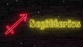 Sagittarius, zodiac sign and text in gold and fire colors illuminated 3d illustration fluorescent retro neon sign with sprinkle of white stars eye catching for astrology and horoscope 10s 4k video - Powered by Shutterstock - Get 15% off with code: PIKWIZARD15