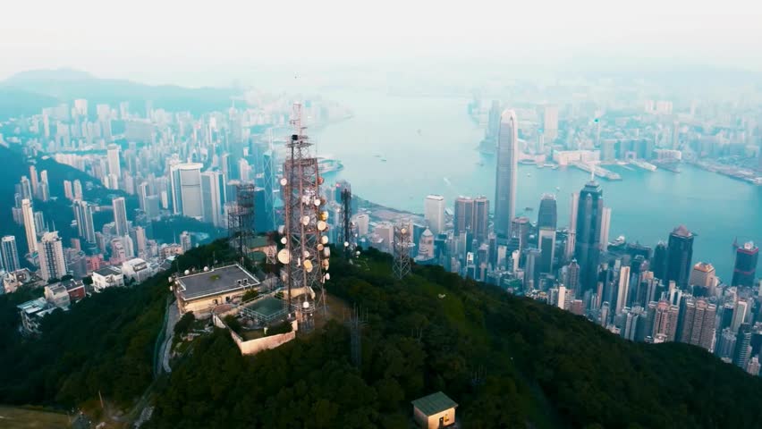 Panoramic View of Hong Kong Skyline from a Hilltop