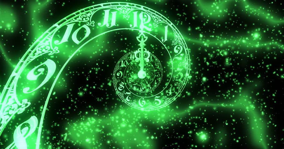 A glowing green spiral clock floats in a starry cosmic space, blending elements of time, fantasy, and futuristic energy. 3D render. 3D Illustration