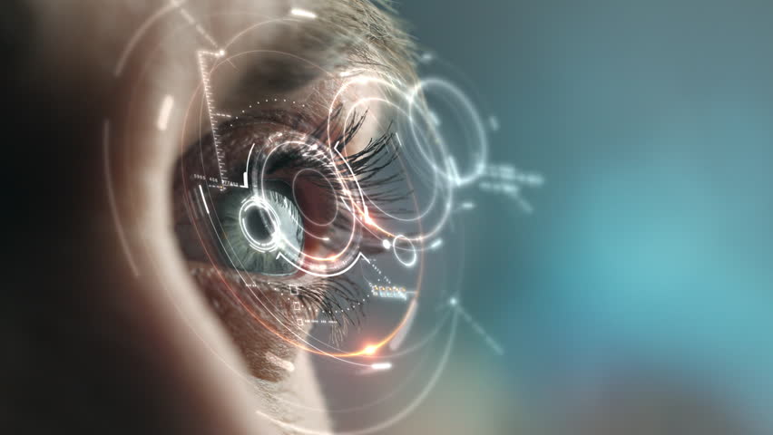A detailed close-up of the human retina illuminated by a holographic display, projecting real-time data and interactive visual elements.