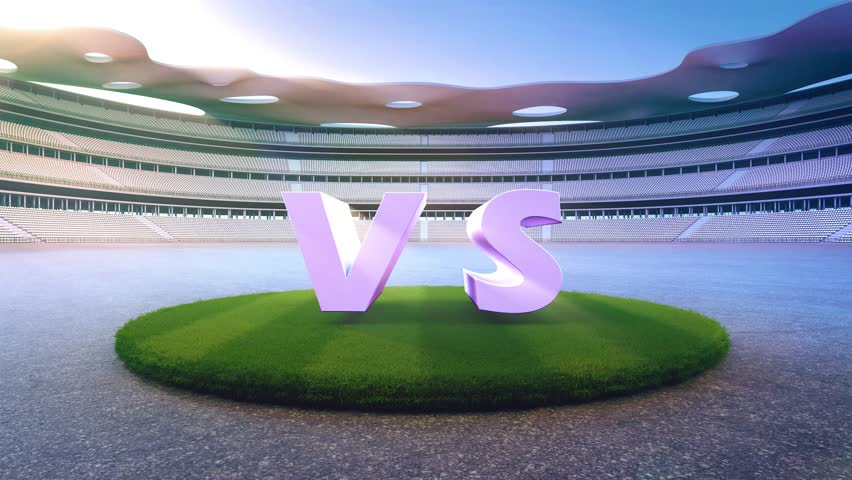 VS letters on grass podium in stadium. 3d rendering of outdoor space and future architecture with blue sky background.