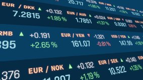 Currency trading board, Euro, US dollar, Japanese yen, British pound, Swedish krona, Australian dollar. Business, exchange rates, financial markets. 3D animation - Powered by Shutterstock - Get 15% off with code: PIKWIZARD15