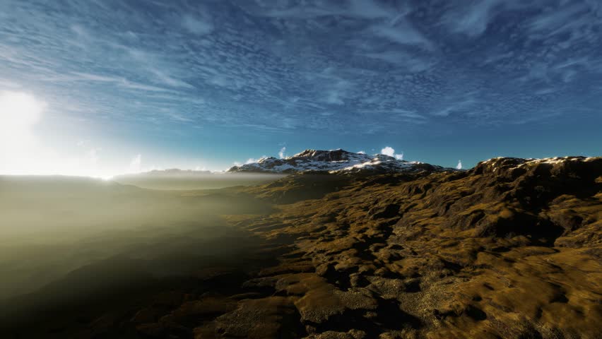 A breathtaking and stunning view of majestic mountains beneath a vibrant sky filled with dynamic cloud formations. 3d animation. 3D Illustration