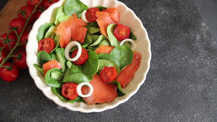 Salad salmon seafood appetizer vegetable dish fresh tasty gourmet food background on table rustic food top view copy space 