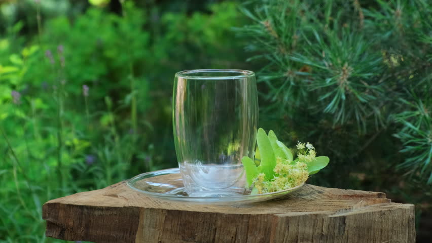 Linden Tea Pouring from Teapot into Glass Cup. Tea ceremony outdoors in summer or spring day. Refreshing Linden Herbal Tea in a Glass Cup