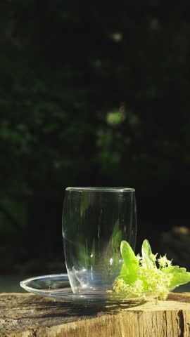 Pouring Linden Tea into Glass Cup Outdoors. Relaxing Linden Herbal Tea. Glass Cup and Teapot in Green Nature. Outdoor Summer Beverage Experience Vertical video